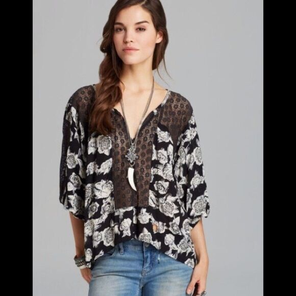 ✨ Free People peasant top black rose✨ - Picture 1 of 6